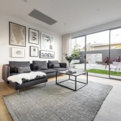 cowhide rug, open space living room